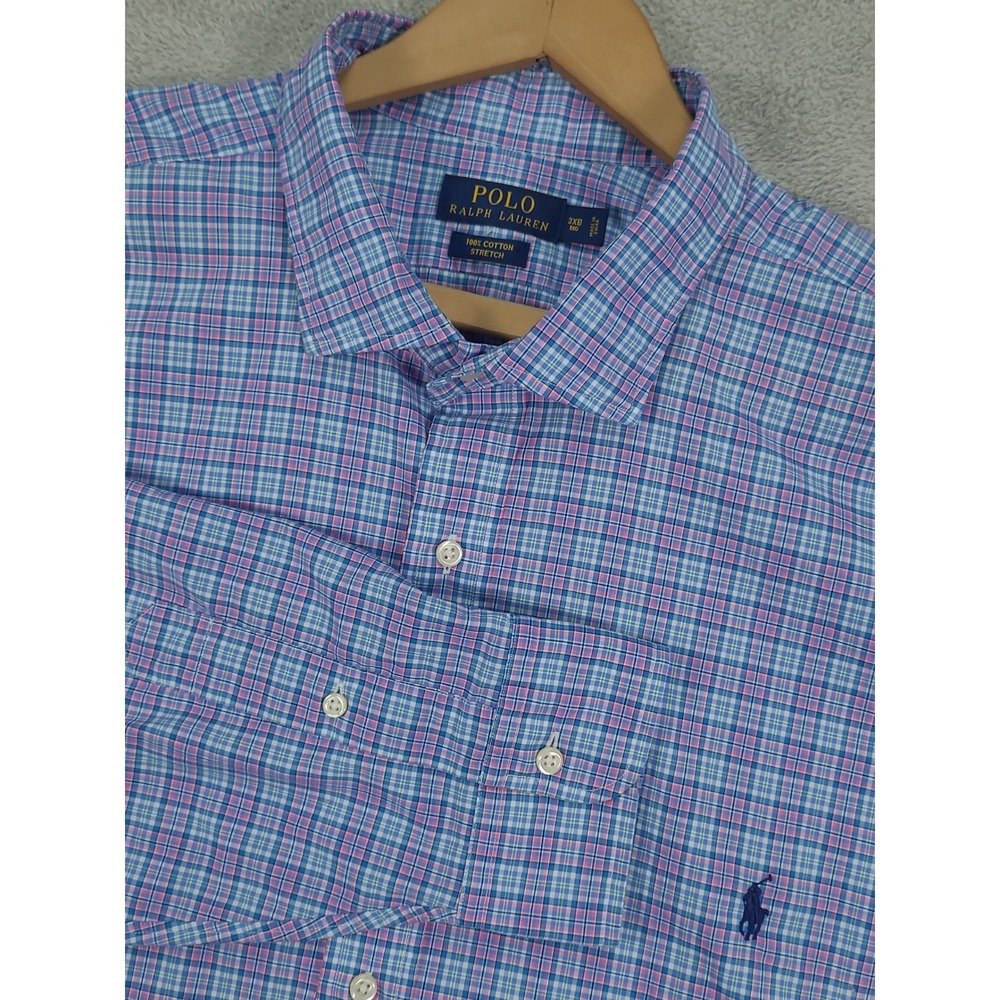 Polo Ralph Lauren 3XB Big Mens Blue Pink Plaid Long Sleeve Stretch Cotton Shirt